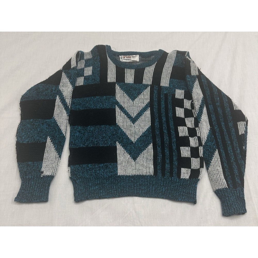 Vintage Mcgregor Pullover Sweater Black Teal Geometric Design 80s 90s Size M